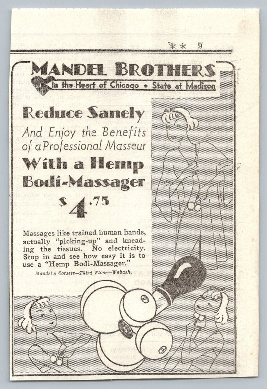 1930s Mandel Brothers Chicago Hemp Bodi Massager Vintage Print Ad Ephemera